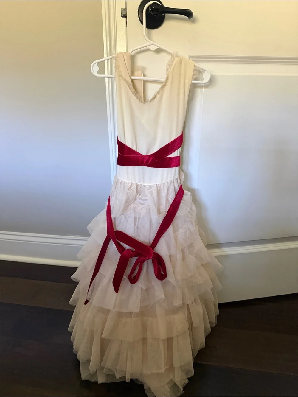 Joyfolie Ivory Layered Tulle Dress with Red Satin Ribbon